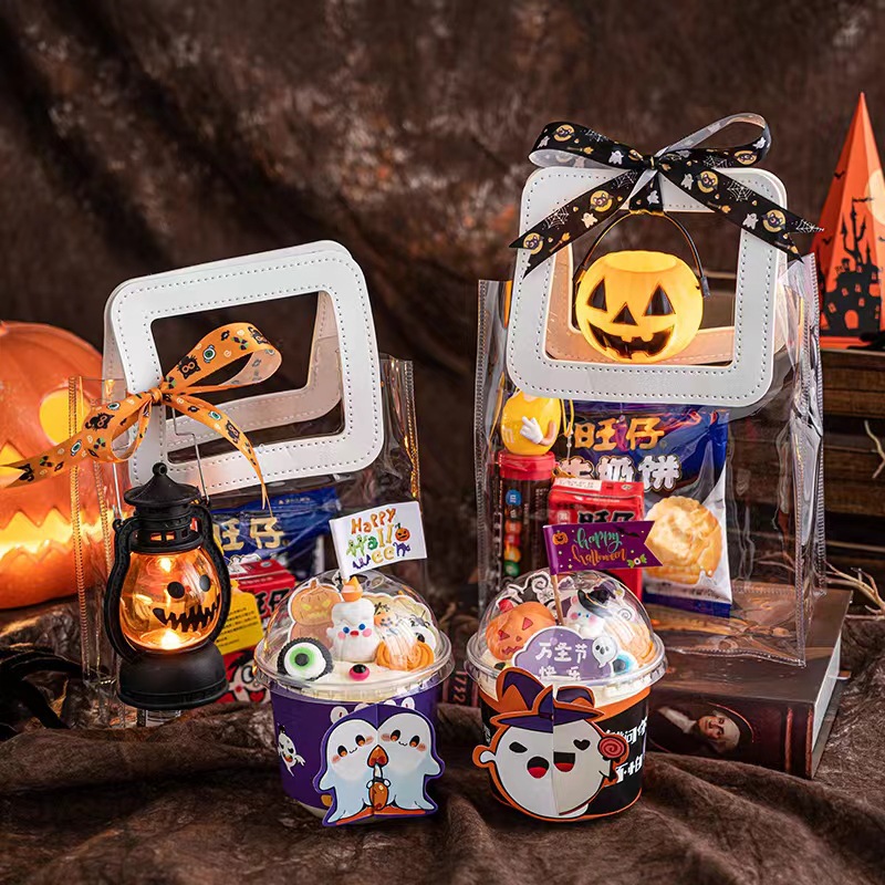 2025 Halloween Bo Bo Cup Cake Decoración festivales feliz bandera carnaval noche transparente bolsas de regalo de aperitivos portátiles