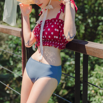 日式复古波点小清新泳衣女三件套温泉新款跨境时尚分体泳装洋气
