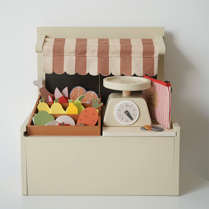 子供の売店のレジのおもちゃのままごとのデスクトップの小さい店の木製のシミュレーションの台所のアイスクリームの販売店