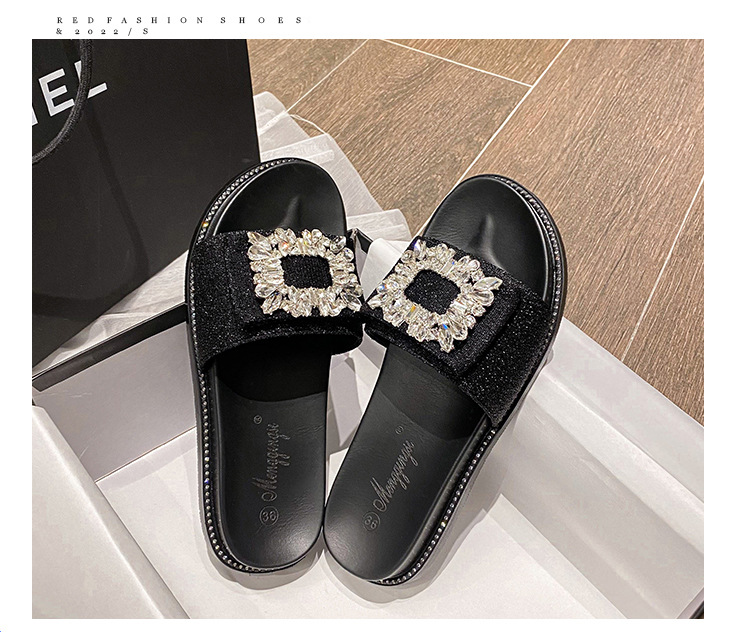2025 verano nuevo lazo con diamantes de imitación hebilla cuadrada plana casual zapatillas de mujer sandalias de una tira para mujer ropa de exterior talla grande 41_voghion.com