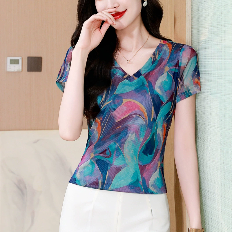 Летняя одежда 2025 ретро цветная сетка с принтом с короткими рукавами футболка женская мама