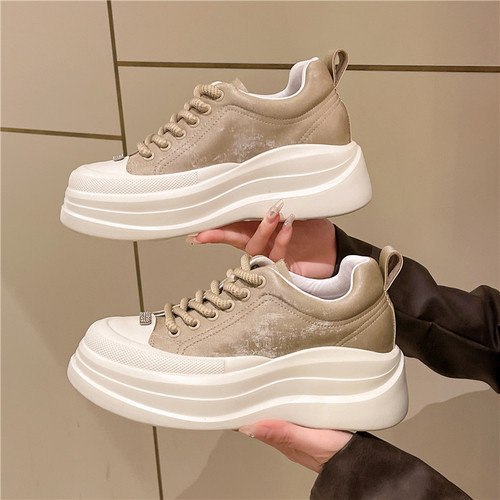 dafeiou European Station Genuine Leather White Shoes Women's 2024 Spring New Thick-Soled Casual Lace-up Comfortable Sneakers
