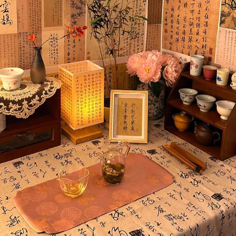 一件代发新中式国风文玩拍照桌布复古氛围感布置毛笔水墨书法桌布|undefined