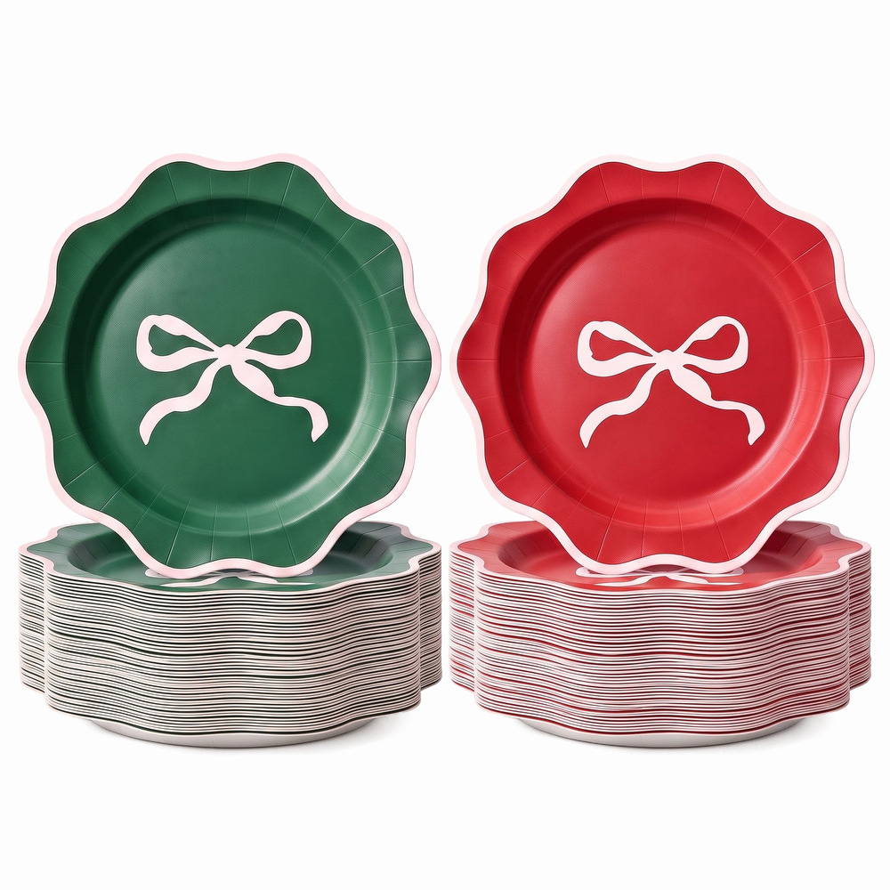 Bowknot lace paper plate red and green contrasting color disposable dinner plate Christmas party dessert table holiday decoration plate