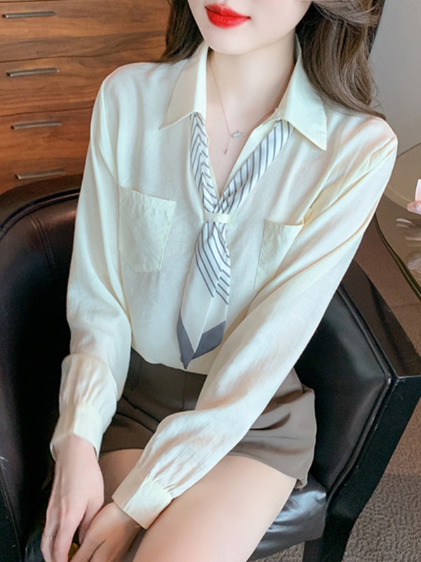 法式飘带长袖polo领衬衫女秋2025新款衬衣时尚减龄白色衬衣A6774|undefined