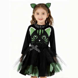 万圣节Cosplay儿童演出服装 印花蓬蓬裙黑猫角色俏皮女孩G-0257