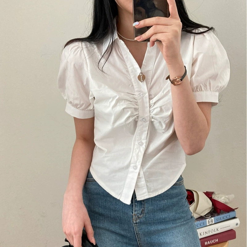 Корейская шикарная летняя элегантная милая рубашка-поло с короткими рукавами, тонкая свободная плиссированная короткая рубашка с пышными рукавами для женщин