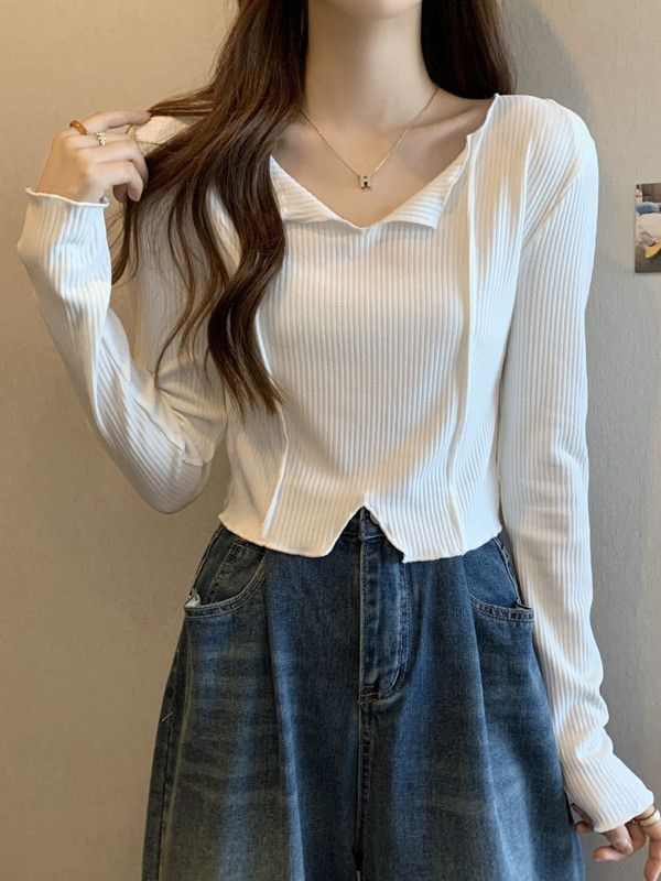 法式露锁骨V领内搭长袖t恤女秋季设计感独特别致小个子短款上衣服|undefined
