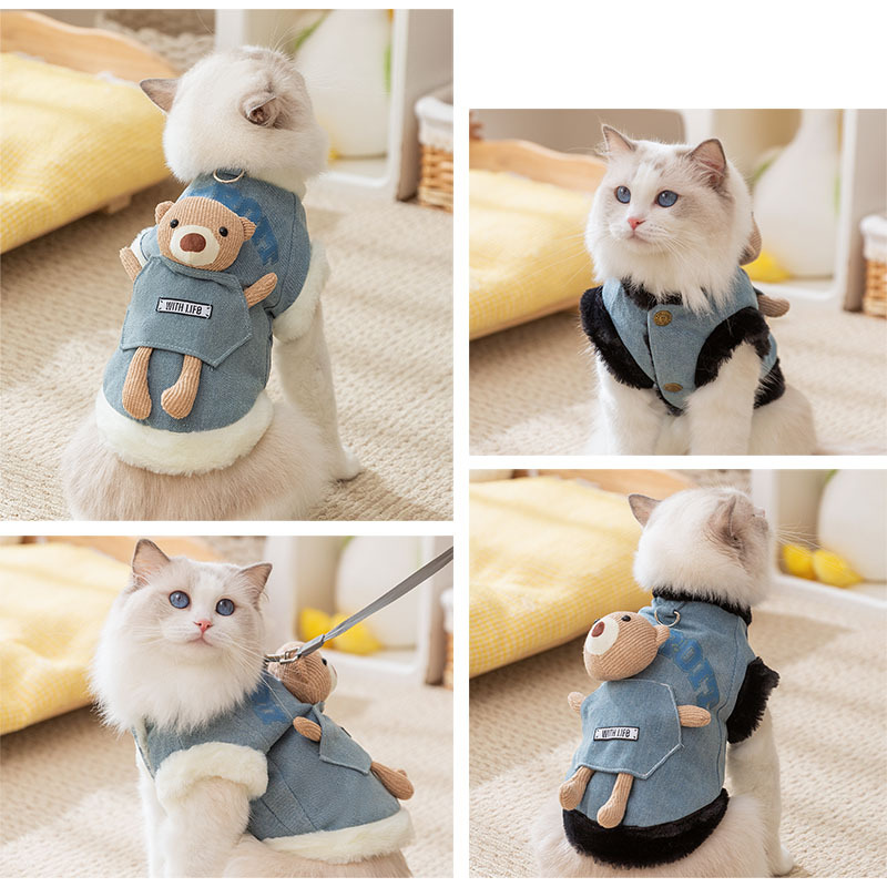 Bolsillo estereoscópico oso vaquero tracción chaleco sin mangas de dos patas mascota gato otoño invierno grueso ropa de gato mascota