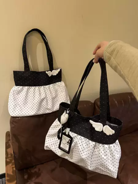 Korean-style versatile polka dot print skirt bag, cute vintage winged large-capacity tote bag, shoulder commuter bag