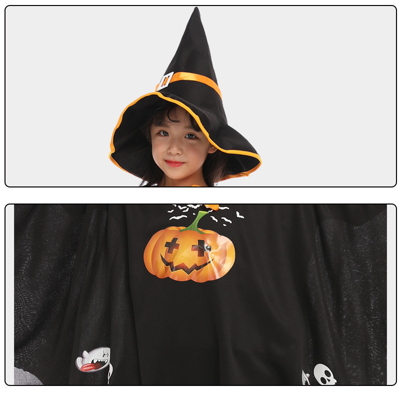 ハロウィン子供のマントの新型の女性の魔女の役はカボチャの服の帽子のマントのスーツを演じます。|undefined