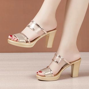 Summer New Thick Heel Two-type Transparent Non-slip Korean Style High Heel Women's Shoes European and American Fashion Women's Slippers