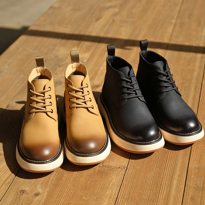 Men's big head leather shoes High top men's shoes winter plus fleece work boots casual British ankle boots men's big yellow boots_voghion.com