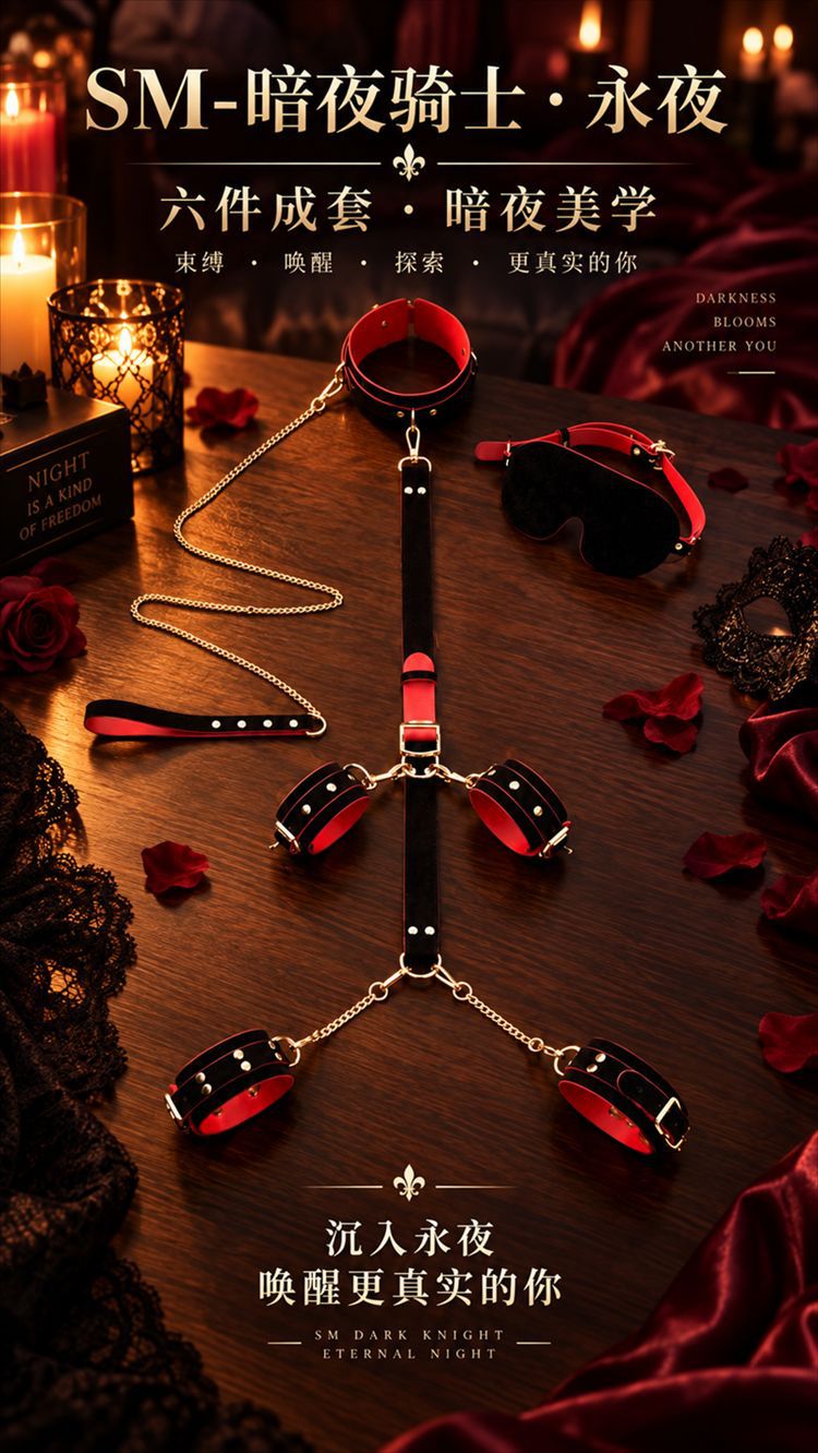 Adult Couples Bondage Restraint Kit in PU Leather with Metal Handcuffs, Black-Red — detail image 37