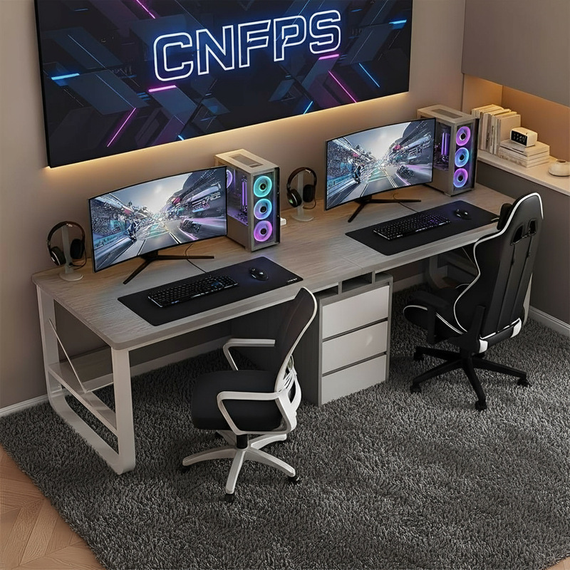 Double Computer Desk Desktop Home Couple Side-By-Side Gaming Table Extended Study Desk with Drawer Two-Person Workbench