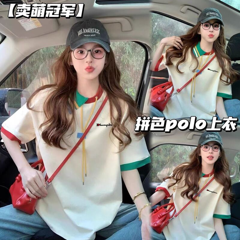 Cute Champion Summer New Polo Shirt Simple Casual Versatile Top with Letter Print, Short Sleeve for Women, in Stock Cute Champion Summer New Polo Shirt Simple Casual Versatile Top with Letter Print, Short Sleeve for Women, in Stock