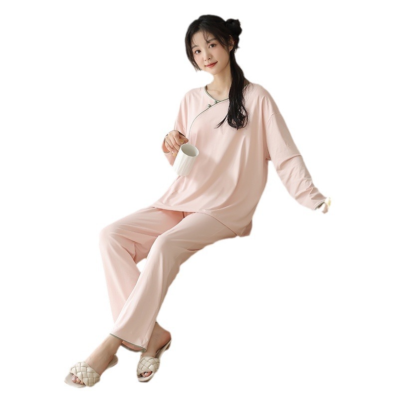 봄과 가을 새로운 중국 잠옷 여성용 긴 소매 가슴 패드 솔리드 컬러 플러스 사이즈 외부 착용 모달 홈 의류 여성 세트