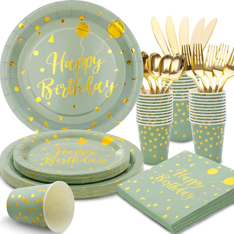 Sage Green Happy Birthday Gold Foil Paper Plate and Cup Tableware Set for Children's Birthday Party Decoration