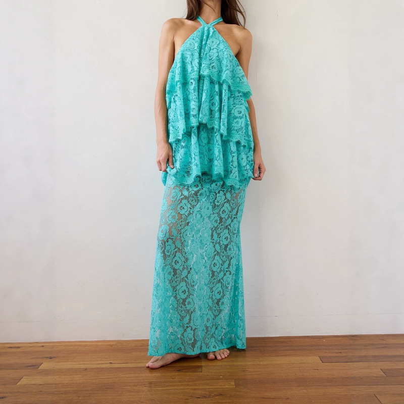 European and American women's fashion 2025 summer new style stylish turquoise sheer lace strap multi-layer long dress European and American women's fashion 2025 summer new style stylish turquoise sheer lace strap multi-layer long dress