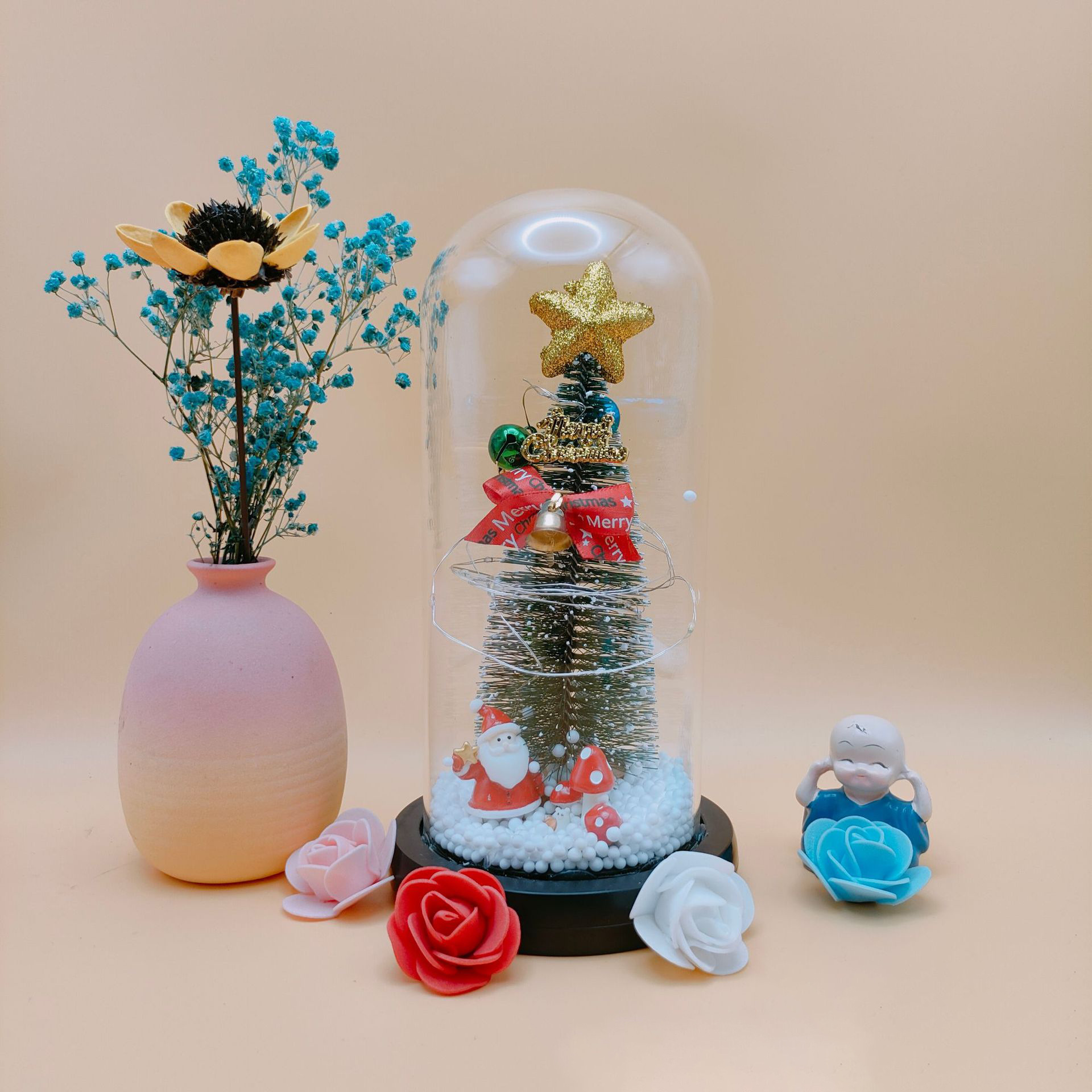 Lámpara de cristal con flores preservadas, rosa artificial brillante, árbol de Navidad, día de San Valentín, Papá Noel, reno, adorno navideño creativo