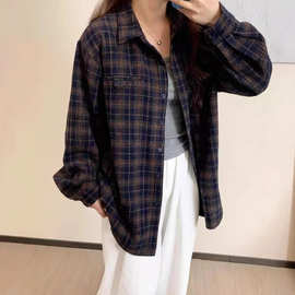 通勤日常复古格子衬衫女2025年秋冬慵懒宽松显白藏青色休闲外套