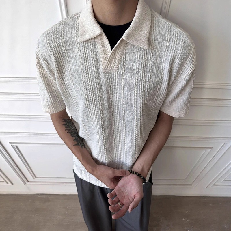 Wheat Ear Pattern Lapel V Neck Cleanfit Summer Casual Old Money Style Breathable Loose Polo Short-Sleeved Shirt for Men