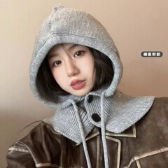 韓国バラクラバ帽子秋と冬暖かいニット耳保護ネックフード付きレディースファッションスカーフオールインワンウール