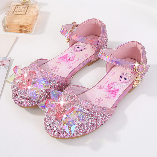 Princess Elsa Summer Fashion Girl Children Sandals Children Soft Sole Glitter Crystal Shoe Head Flat Flat Heels