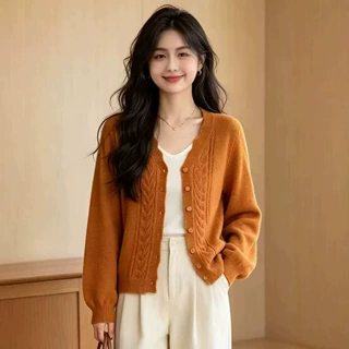 韩系秋冬季新款领花边勾花外套休闲慵懒风针织修身显瘦毛衣女开衫