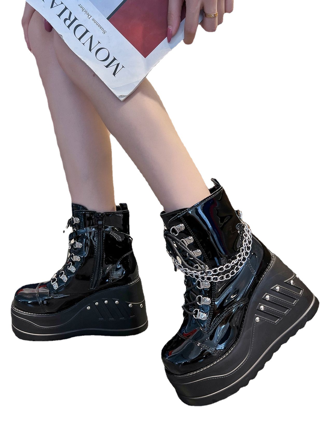 Women's shoes round head side zipper strip thick bottom round head wedge heel ladies Martin boots _voghion.com