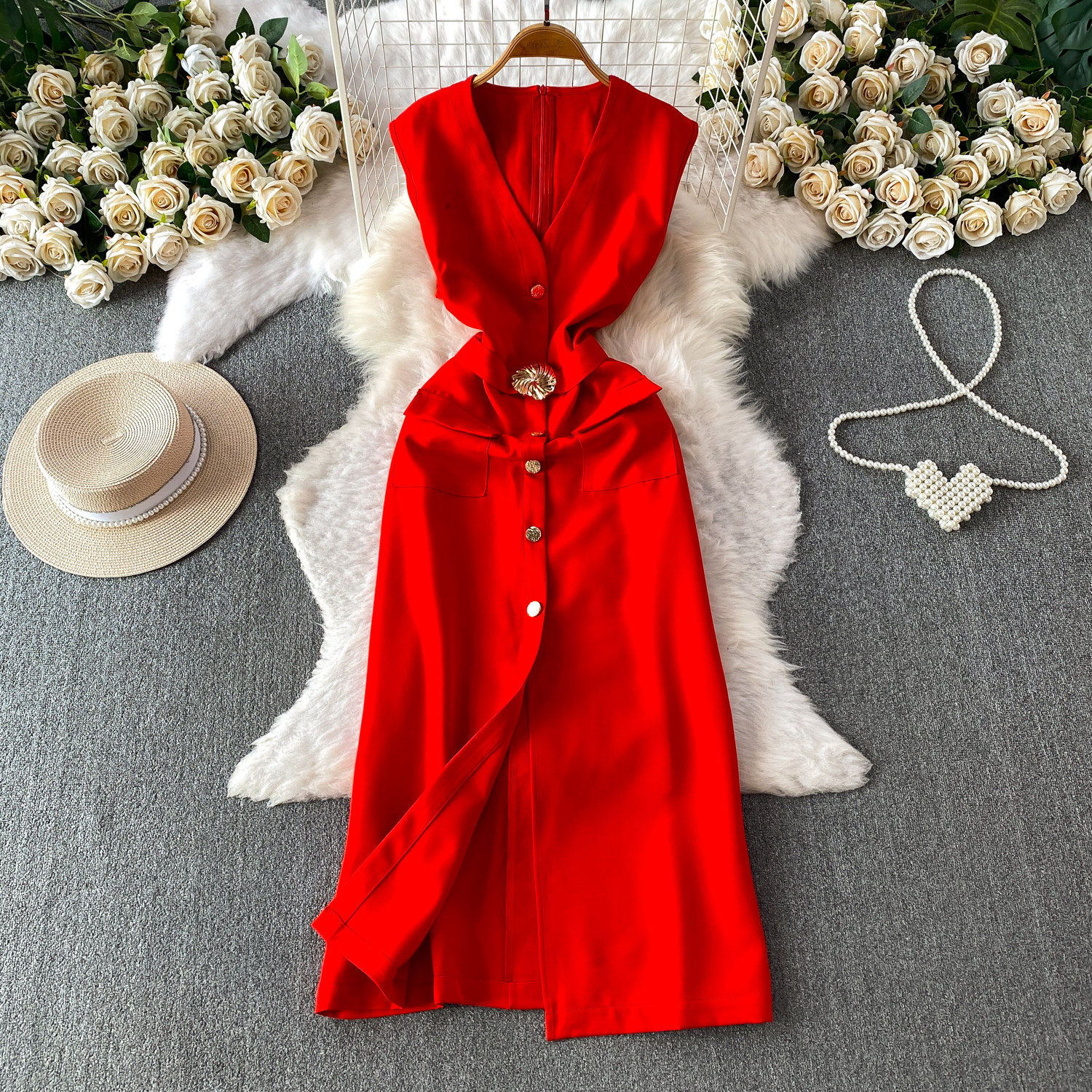 Sophisticated V-Neck Sleeveless Blazer Dress With Metal Buttons, Slimming Waist & High Slit_ecoleips.com