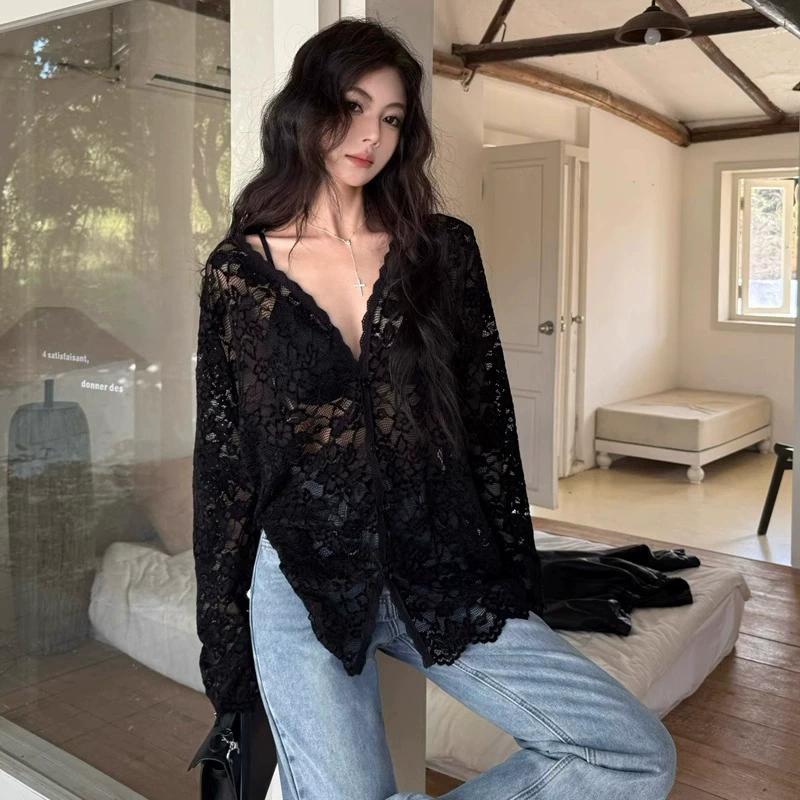 Официальное фото, реальная цена, рубашка с защитой от солнца, кружевная рубашка с длинными рукавами, женская летняя чистая страсть, свободный элегантный, слегка прозрачный топ с вырезом, рубашка с кондиционером