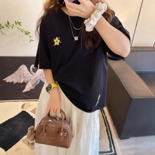 纸袋秋季新款韩版休闲时尚简约刺绣加厚宽松短袖T恤衫女上衣4543
