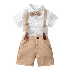 童哈衣套裝 外貿歐美男童格紋哈衣背帶褲領結紳士三件套