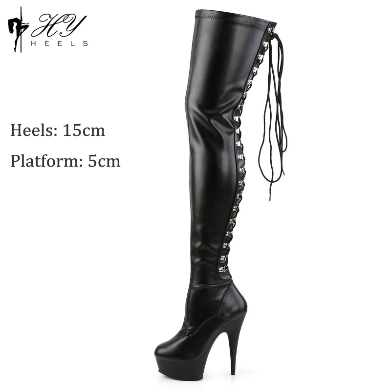 Boot nữ cao gót 15cm cổ cao quá đầu gối đế dày — Màu đen
