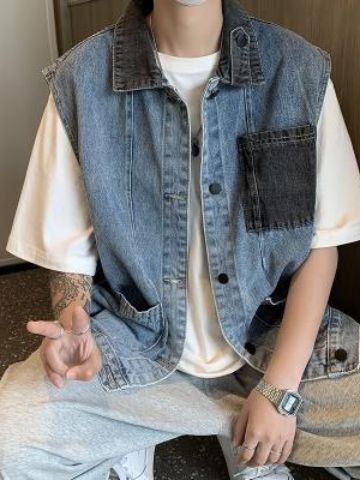 American Style Retro Color Matching Denim Vest Jacket Men's Spring Wear Korean Style Loose Straight Sleeveless Outer Jacket Men's Cross-border Jacket