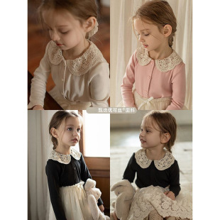Wuri Boo Girl's Classical Rose Lace Lapel Shirt Autumn Children's Sweet Cute Pit Rib Top
