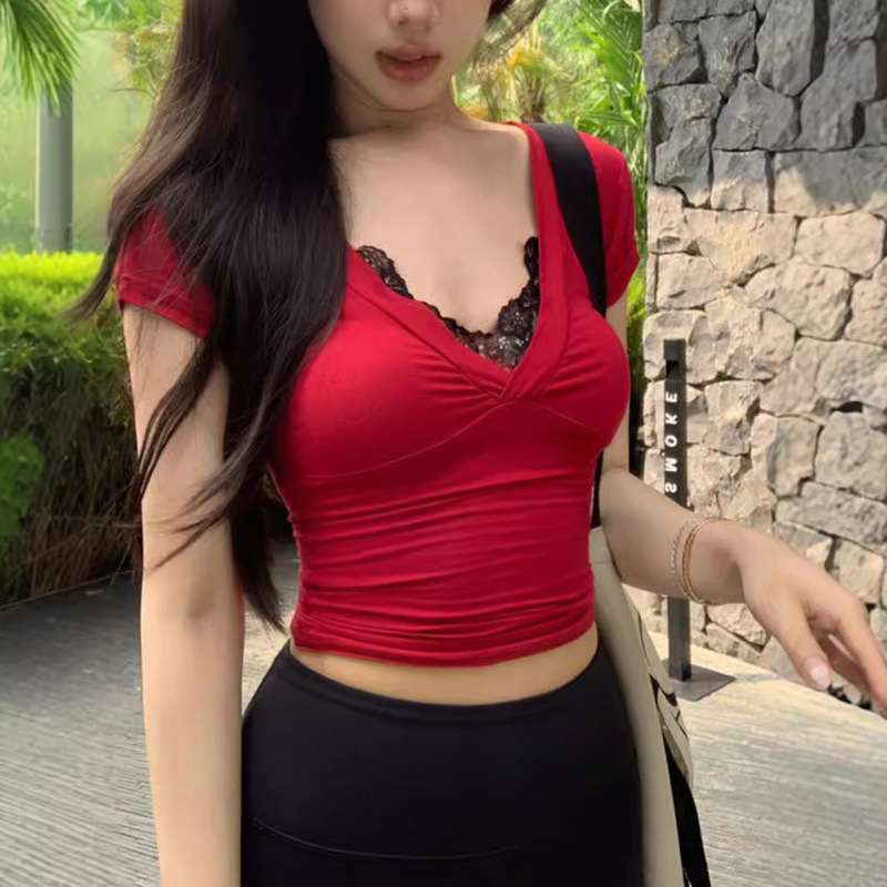 American Pure Lust Sexy Sexy Lace V Neck T-Shirt Women's Summer Royal Sister Street Slim Versatile Short Top