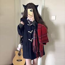 制服校供感牛角扣大衣秋冬季学院风大衣冬季毛呢外套夹棉加厚