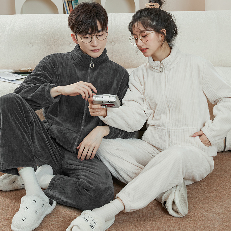 Al aire libre de las mujeres pijamas hombres Otoño e Invierno franela engrosada collar cremallera coral fleece pareja desgaste del hogar traje