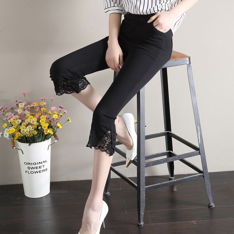 Women's Summer Thin Cropped Pants, Plus Size, High-Waisted, Slimming, with Lace Trim, Flared, Stretchy, Trendy