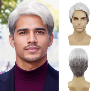 Foreign Trade Men's Wigs European and American Middle-Aged and Elderly Gray-White Side-Parted Short Straight Hair Fashionable Chemical Fiber Headgear Xuchang Manufacturer