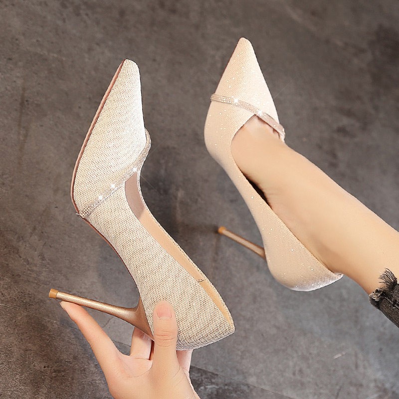 2023 Summer New High Heels 9cm Pointed Rhinestone Stiletto Commuter Women's Shoes Fashionable Shallow Mouth Super High Heel Single-layer Shoes