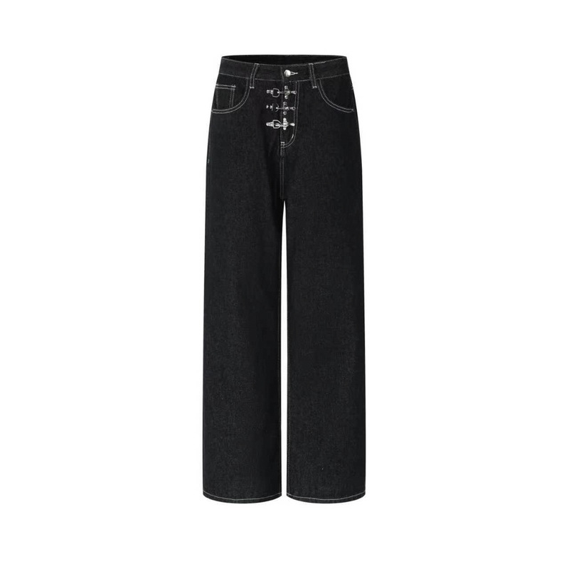 Bsj Trendy Brand Airplane Buckle Front Placket Raw Denim Jeans American Style Casual Versatile Straight-Leg Unisex Pants
