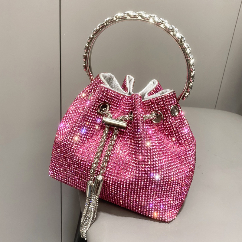 European and American Cross-border Women's Bag Metal Ring Portable Drill Bag Shiny Drill Bucket Bag Women's Handbag Handbag Handmade Bag European and American Cross-border Women's Bag Metal Ring Portable Drill Bag Shiny Drill Bucket Bag Women's Handbag Handbag Handmade Bag