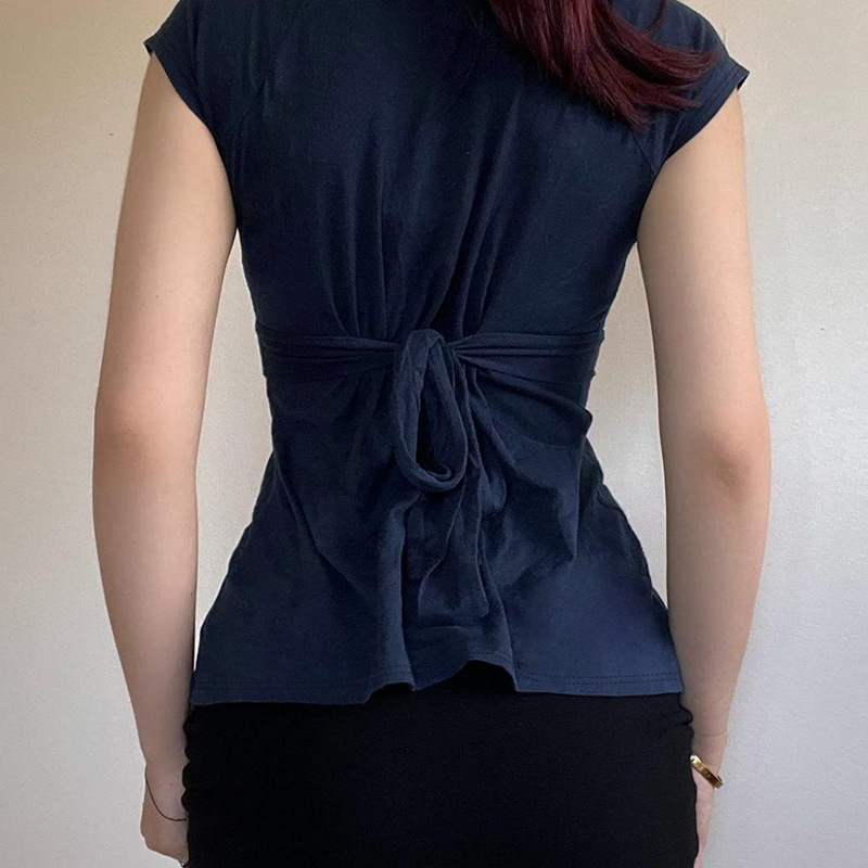 Girl's Style Short-sleeved Top With Tie-up Bow, Waist-cinching, Slimming, Sexy V-neck, Casual And Versatile_ecoleips.com