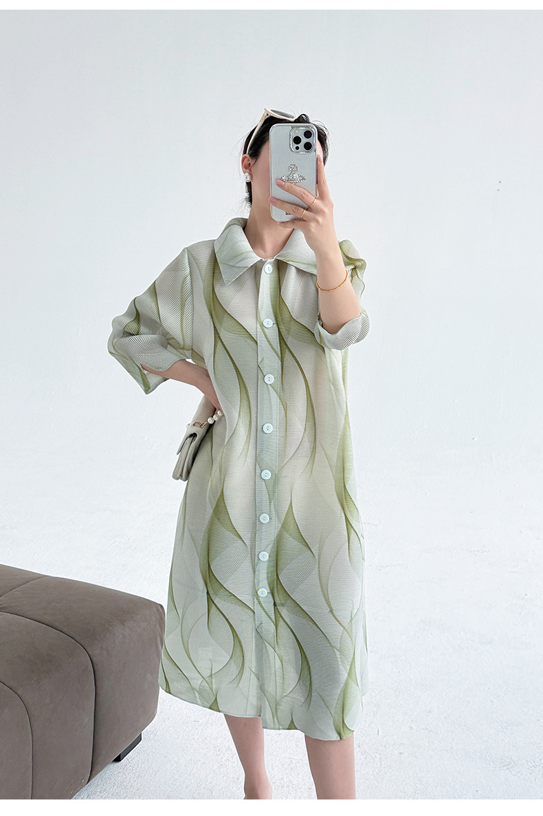 Váy maxi nữ thắt eo họa tiết vẽ mực phong cách lạnh giá — Màu xanh lục nhạt chi tiết 14