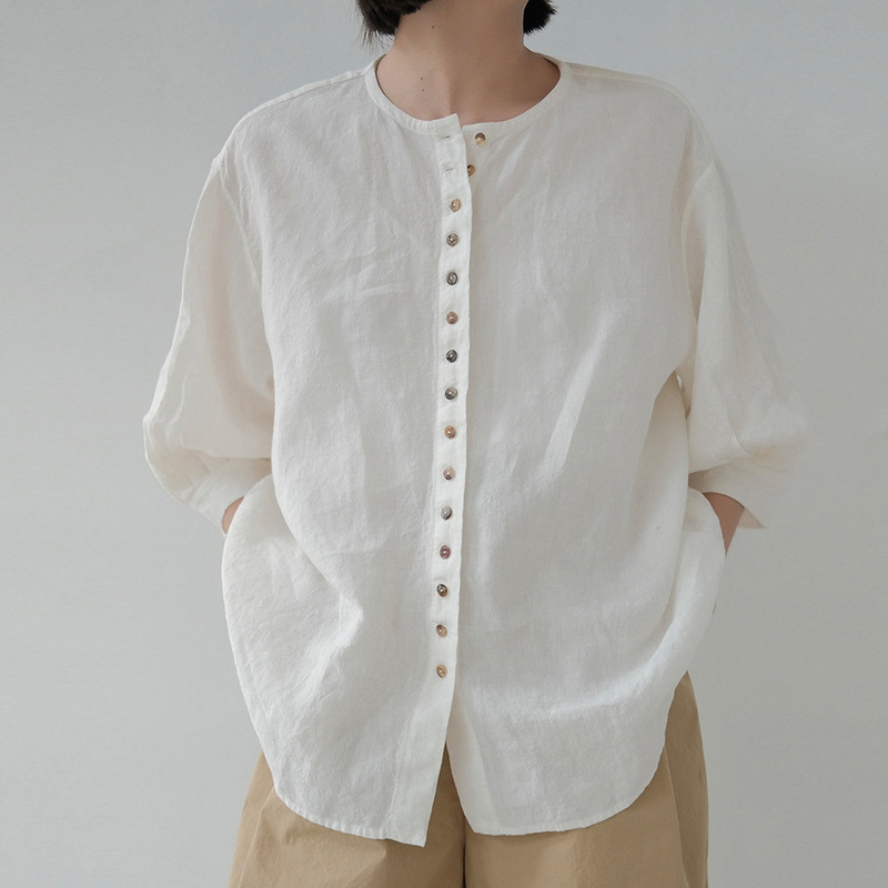 2025 Commuter Loose Multi-Button Shirt 100% Linen Small Round Neck 7-Quarter Sleeve Casual Shirt