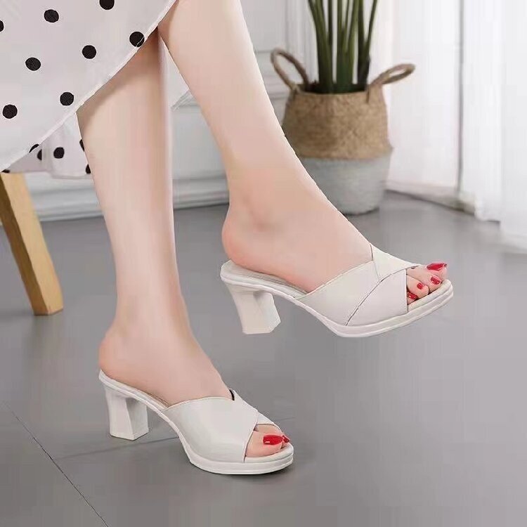 2024 New Genuine Soft Leather Sandals Women's Outerwear Slippers Casual Medium Thick Heel Mom Fashion High Heel Slippers