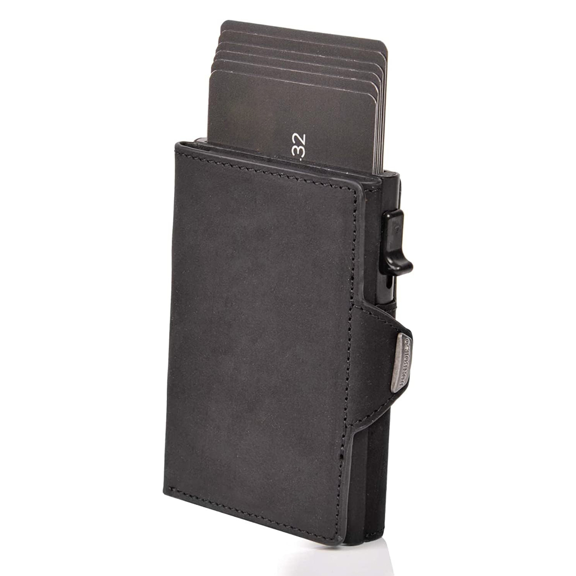 Amazon Crazy Horse Skin Hombre Cartera de tarjeta de resorte automática RFID cepillo antirrobo multi-tarjeta bolsa de tarjeta de cuero